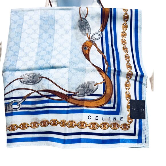 New Trendy Celine Paris Mini Scarf 20"Cotton/Silk blue gold chain  belt logo( 56 - Picture 2 of 7